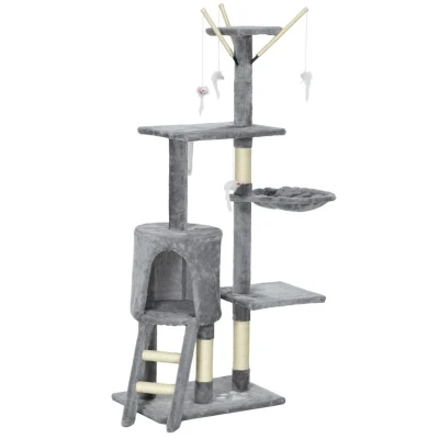 Image of PawHut Cat Tree for Indoor Cats 135cm Tower Scratching Post Kitty Scratcher Climbing with Ladder, Grey