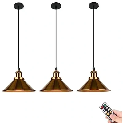 Image of 3 Lights Battery Operated Pendant Light with Remote,Indoor No Wiring Ceiling Hanging Lamp,Gold Vintage Wireless Lighting Chandelier Fixture for Farmhouse Dining Room Kitchen Island