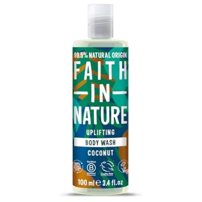 Image of Faith In Nature 100ml Travel Size Coconut Body Wash, Uplifting Shower Gel, Vegan &amp; Cruelty Free, No SLS or Parabens,
