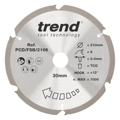 Image of Trend PCD Fibre Cement Circular Saw Blade, 210mm Diameter, 30mm Bore, 6 Teeth, 2.4mm Kerf, +12 Hook, PCD, Coarse Finish, PCD/FSB/2106