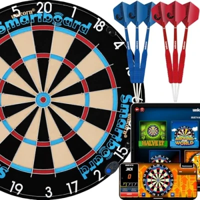 Image of Unicorn Electronic Dartboard Smartboard Traditional Sisal Bristle Connects to Bluetooth Scorebuddy App includes 6 Steel Tip Darts, Blue/Red/White