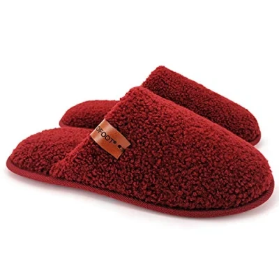 Image of ofoot Womens Warm Fuzzy House Slippers Mules Indoor Slip On Bedroom Shoes with Memory Foam Insole Non Skid Rubber Soles (Burgundy, 5 6 UK)
