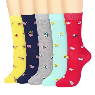 Image of Vinsani 5 Pair Pack Cute Animal Print Socks Fun Colorful Cotton One Size Fits All Soft Breathable Comfortable Everyday for School Casual Wear (UK, Age, Size, Regular, Animal)