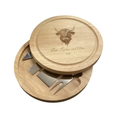 Image of Rutherfords Gifts Personalised Highland Cow Cheese Board Engraved Wedding Birthday Kitchen Gift