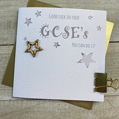 Image of WHITE COTTON CARDS GOOD LUCK IN YOUR GCSE&#039;S, STARS DESIGN, CARD, HAND FINISHED (S295)