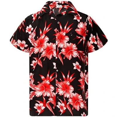 Image of King Kameha Men&#039;s Hawaiian Shirt Button Up Beach Wear Tropical Flowers Quick Dry Caribbean, Mono Flowers, Black Red, 6XL