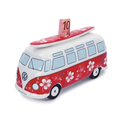 Image of BRISA VW Collection Volkswagen Savings Bank Piggy with Surfboard in T1 Campervan Bus Samba Design (Flower Power/Red)