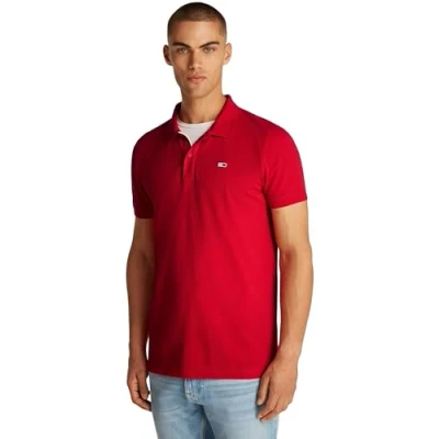 Image of Tommy Jeans Men&#039;s Slim Fit Short Sleeve Polo Shirt, Red (Red Hot), XXL