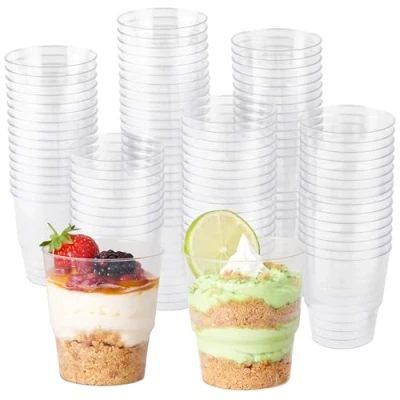 Image of MATANA 72 Clear Hard Plastic Dessert Cups (Round, 225ml) Sturdy &amp; Reusable Pots for Appetisers, Puddings, Mousses, Parfaits, Trifles, Tiramisu, Cheesecakes