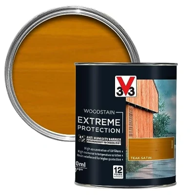 Image of V33 Extreme Protection Woodstain Teak 750ml 12 Year Guarantee Anti Humidity Barrier with UV Filters Resistant to Temperature Variations Reinforced Resin Formula Only 2 Coats Needed