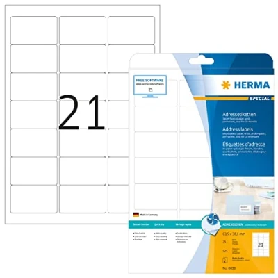 Image of HERMA Self Adhesive Inkjet Address Labels, 21 Labels per A4 Sheet, 25 Sheets, 63.5 x 38.1 mm, 525 Blank Mailing Stickers, Sticky for Printer, White