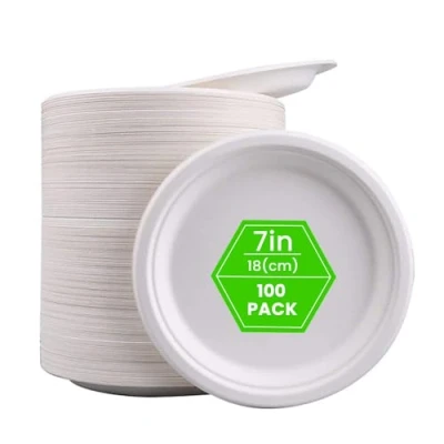 Image of Venuscello 100 x Strong Disposable Bagasse Plates 7 Inch Heavy Duty Biodegradable White Eco Friendly &amp; Compostable Party