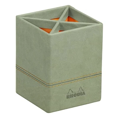 Image of RHODIA 194531C Celadon Pencil Pot 8x8x11 cm Orange Saddle Stitching Faux Leather Exterior Home Office Collection Rhodiarama Organization &amp; Design Storage