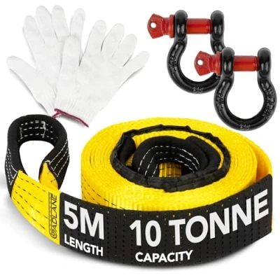 Image of GADLANE Hi Vis Tow Rope 5m x 5cm Thick, 10 Tonne Capacity (22,000Lbs) Wear Resistant Polyester with Reinforced Ends, UV Coated Strap, Heavy Duty D Ring Shackles, Storage Bag &amp; Gloves YELLOW