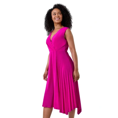 Image of Roman Petite Womens Pleat Detail Stretch Wrap Dress Pink Size 10 UK