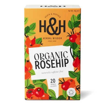 Image of Heath &amp; Heather Organic Rosehip Teabags Individually Wrapped Caffeine Free Herbal Tea Infusions 1 Pack of 20, Total 20 Bags