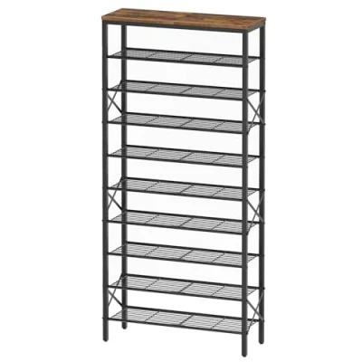 Image of YATINEY 10 Tier Shoe Rack, Large Capacity Organizer, Tall Holds 40 Pairs of Shoes, Iron Frame, Durable and Stable, for Entrance, Dorm Room, Industrial Style, Rustic Brown XSS10BR