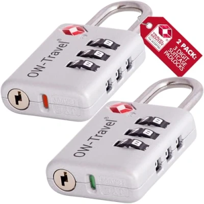 Image of TSA Approved Luggage Locks Suitcase with Indicator Open Alert (2 Pack) OW Travel 3 Digit Security Padlock Combination Padlocks Code Lock for Zipper Bag Case Backpack Gym Locker (Silver)