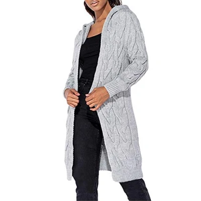 Image of Ladies Cable Knit Long Warm Winter Hooded Open Front Cardigan Black Camel Khaki Nude Sky Blue Cream Dusty Pink Lilac Silver Grey and Stone One Size Fits 8 16 (Silver Grey)