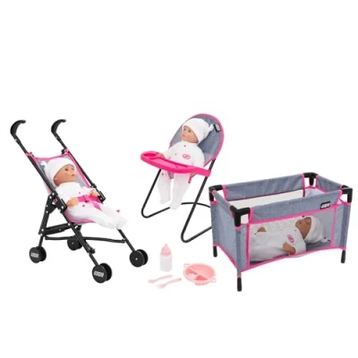 Image of Mamas &amp; Papas Junior Nursery Playset 7 Piece Doll Highchair, Reusable Feeding Set, Stroller Cot Prams, Pushchairs and Dolls Accessories For Kids Boys Girls 3+