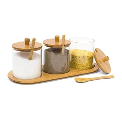 Image of Relaxdays JIAO Bamboo Spice Preserving Glass Jar Set 12 x 31 cm Holder of 3 Containers with Spoons as Alternative to Rack, Kitchen Storage, Natural