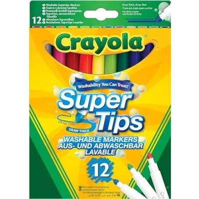 Image of CRAYOLA SuperTips Washable Markers Assorted Colours (Pack of 12) Premium Felt Tip Pens That Can Easily Wash Off Skin &amp; Clothing Ideal for Kids Aged 3+