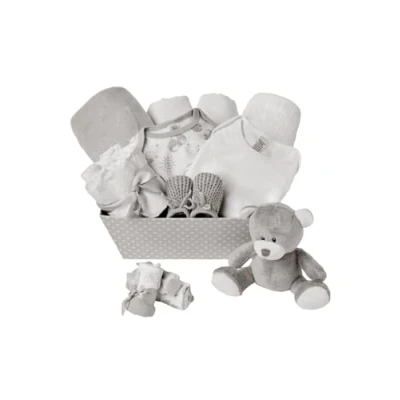 Image of Unisex Baby Gift Set 12 Essentials for Newborn Ideal Gender Reveal &amp; Shower Gifts Boys Girls, Includes Clothes, Blankets Grey Teddy Bear