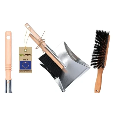 Image of Toolspace Set of 2: Galvanised Metal Dustpan and Hand Brush Natural Beech Wood Bristles Wooden Stainless Steel Shovel Long Handle Fireplace Coal