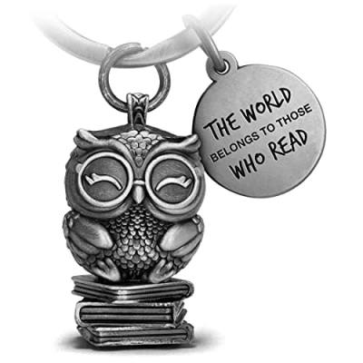 Image of FABACH Owl Keyring Book with Engraving Reading Gifts for Lovers Cute Viellers Bookworm Gift Reader Gifts, Antique silver