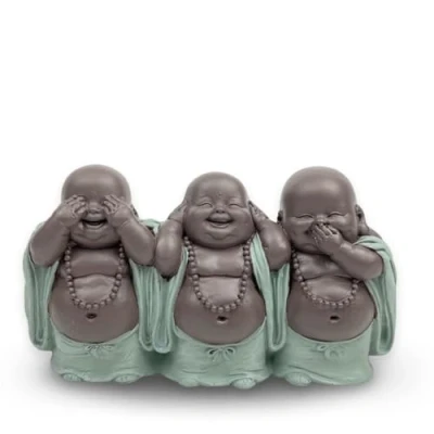 Image of Zen Light Zen&#039;Light 3 Bonzes Wisdom and Feng Shui Decoration to Create a Relaxing Spiritual Atmosphere Good Luck Gift Idea Width: 15.5 cm Colour: Green Brown, Laughing, 15,5