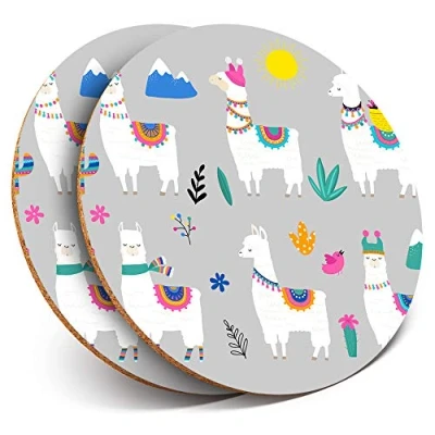 Image of Destination Vinyl ltd 2 x MDF Glossy Top Coasters Round ky Llama Cartoon Alpaca 12941