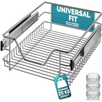 Image of CASARIA® 4x Pull Out Telescopic Kitchen Drawer For 40cm Units 36cm Internal Cabinet Dimensions Chrome Plated 25kg Load Capacity Basket Shelf Organiser Storage Space Saving