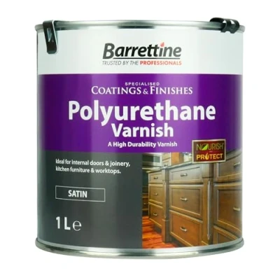 Image of Barrettine Polyurethane Varnish (Satin, 1L) Highly Durable Wood with Clear Gloss Finish for Internal Doors &amp; Joinery, Kitchen Furniture Worktops