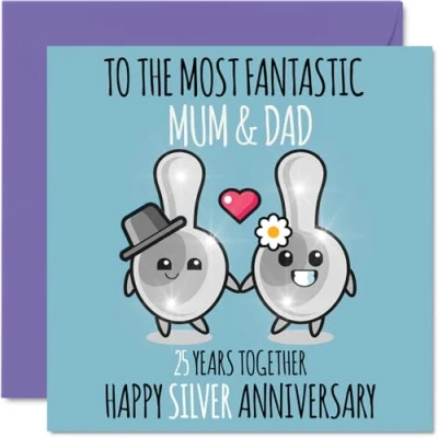 Image of Cute Silver Anniversary Card for Mum &amp; Dad 25 Years Together Happy 25th Wedding Cards Mum, 145mm x Greeting Twenty Fifth Anniversaries