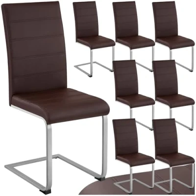 Image of TecTake® Set of 8 Dining Chairs with Durable Faux Leather Covers &amp; Comfortable Padding, Chair Ergonomic Backrests Easy Setup, Ideal Kitchen, Living Room Brown