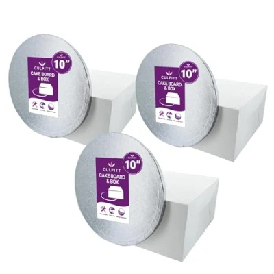 Image of Culpitt 10&quot; Round Silver Cake Drum Board &amp; White Box Combo 3 Pack Set With and Multipack