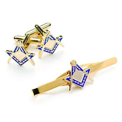 Image of The Masonic Collection Square &amp; Compass Cufflinks Tieslide Set for Men Gold Plated Blue Coating Comes in Cufflink Box Quality Freemason Gifts