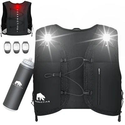 Image of Bearactive LED Running Vest with Lights, 500ml Water Bottle Lightweight Reflective Hydration Vest, 3 Adjustable Straps Women &amp; Men (Black Rechargeable)