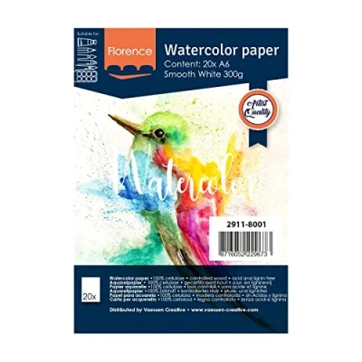 Image of Vaessen Creative Florence Watercolour Paper A6, White, 300 GSM, Surface, Artist Grade Quality, 20 Sheets for Painting, Handlettering and Art Projects, Smooth 300gsm