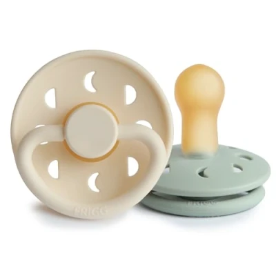 Image of FRIGG Moon Phase Latex Pacifier Pack of 2 Natural Rubber Soother Dummy BPA Free Made in Denmark Symmetrical Cherry Shaped Nipple (Cream/Sage, Size (6 18 Months))
