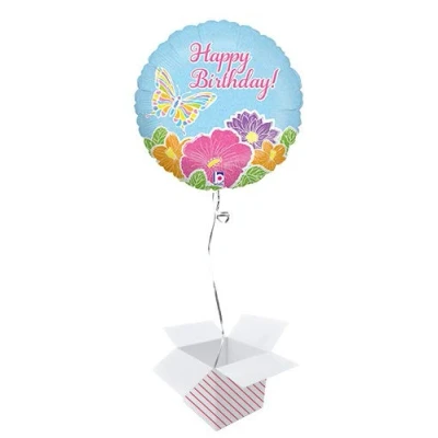 Image of Pastel Butterfly Birthday Holographic Round Foil Helium Balloon Inflated in a Box