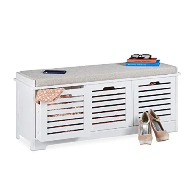 Image of Relaxdays Bench, 3 Drawers, Soft Seat Cushion, Hallway Furniture, Shoe Storage Baskets, HxWxD 44x105x35cm, White, MDF boards, polyester, foam, Pack of 1