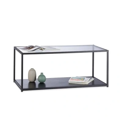 Image of Relaxdays Glass Coffee Table, Rectangular, Metal Frame, Tabletop, Tray, Living Room Side HxWxD: 42 x 100 50 cm, Black