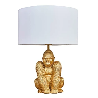 Image of MiniSun Modern Gold Sitting Gorilla Design Table Lamp with a White Cylinder Shade Complete 4w LED Golfball Bulb [3000K Warm White]
