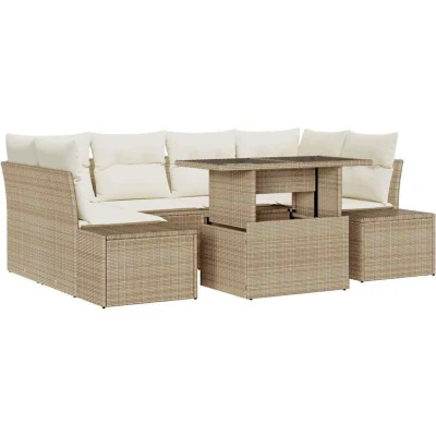 Image of vidaXL 7 Piece Garden Sofa Set with Cushions Beige Poly Rattan