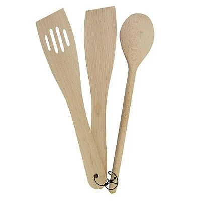 Image of T&amp;G Set of 3 Wooden Kitchen Utensil Pieces in FSC Certified Beech Spoon, Curved Slotted Spatula &amp; Cooking Heat Resistant Easy to Clean Basic Bakeware Essentials L30cm