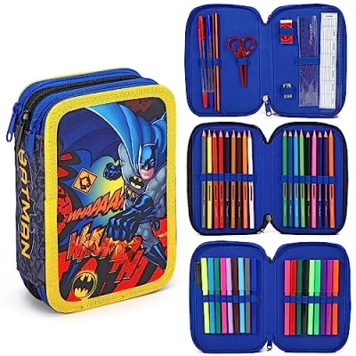 Image of Quickdraw Batman Filled Pencil Case Large Full Stationery School Supplies Set for Kids 3 Tier with Pens, Pencils &amp; Markers