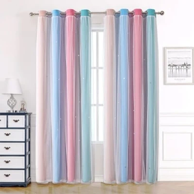 Image of KAHEAUM Curtains for Living Room Eyelet Bedroom Kid Nursery Blackout UK,Soundproof Thermal Winter,2 Panel 52 x 54 inch Drop White Voile Net Windows Rainbow