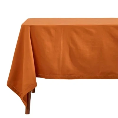 Image of HOMESCAPES Burnt Orange Cotton Tablecloth 4 to 6 Seater Rectangular 137 x 178 cm (54 70 Inches) Washable Hand Woven 100% Plain with Decorative Ladder Stitch Edge