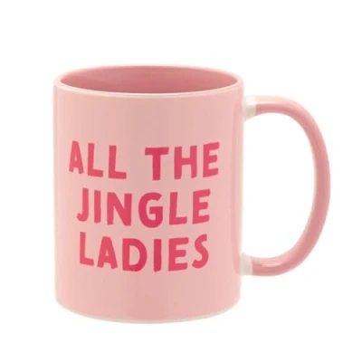 Image of The Seasonal Gift Co &#039;All Jingle Ladies&#039; Pink Handled Mug 11oz / 312ml Whimsical Christmas Gifting &amp; Homeware Present for Tea, Coffee Holiday Festive Drinking.